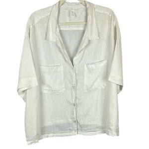 H&M 100% Linen White Blouse Short-Sleeved Relaxed Fit Size XXL